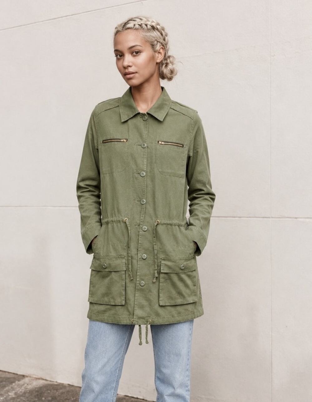 Dolce Vita XS Olive Green Utility Safari Jacket Military Drawstring Longline
